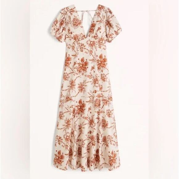 ABERCROMBIE & FITCH Puff Sleeve Slim Poplin Midi Dress Floral Brown Sz XLP {P2} - Picture 3 of 10